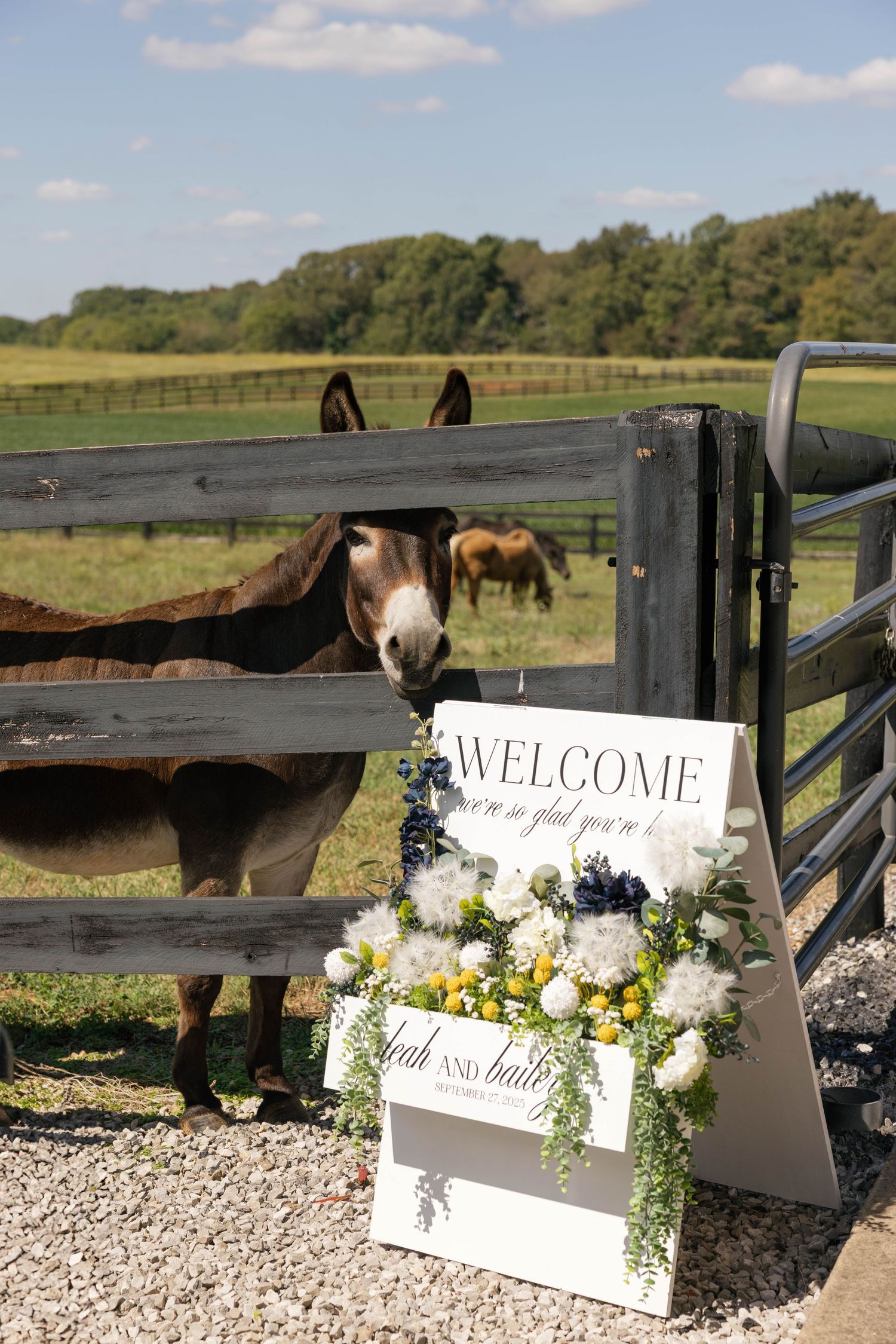 Welcome signs decorated with flowers at rustic venue with horses in background in Kentucky