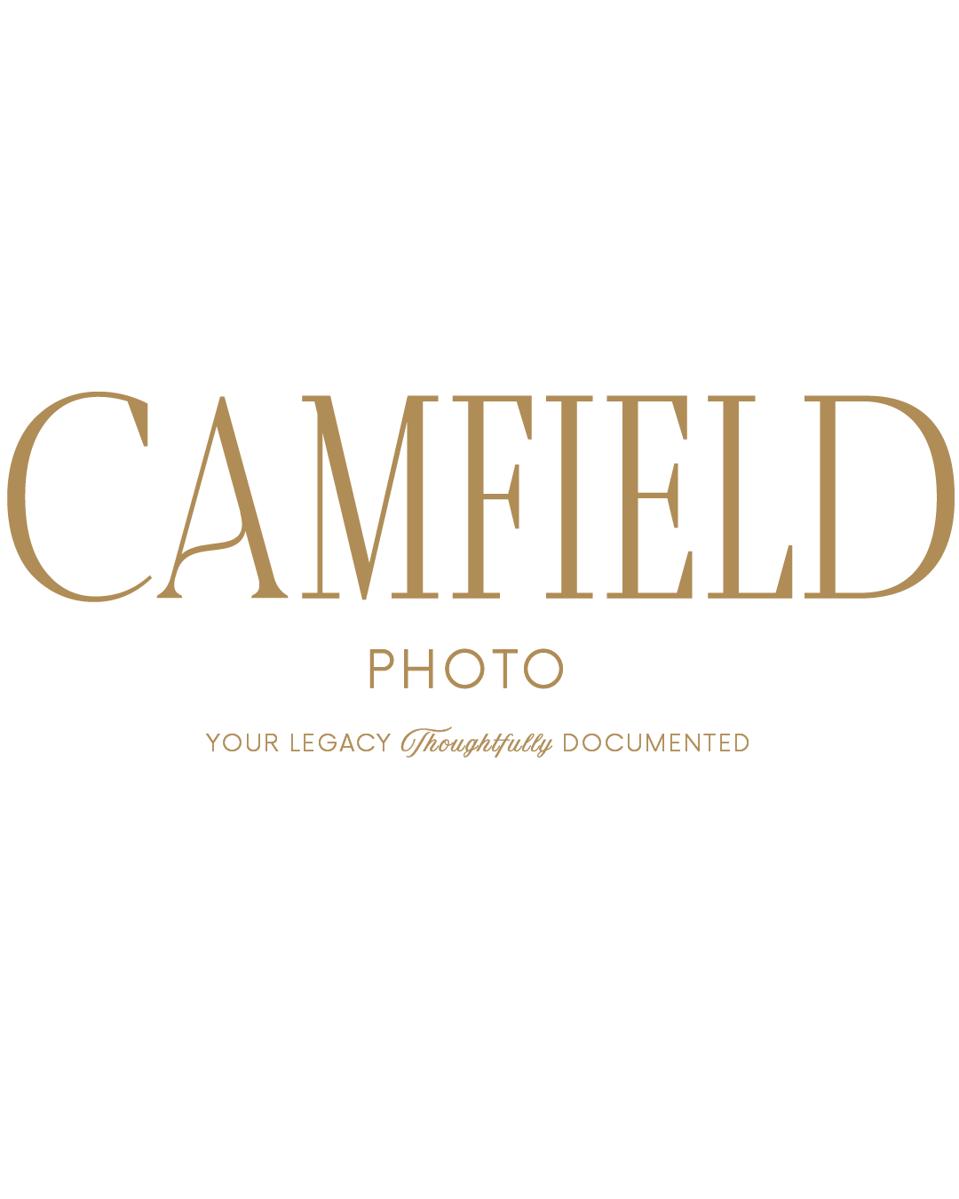 Camfield Photo logo with gold serif typography and tagline Your Legacy Thoughtfully Documented on white background.