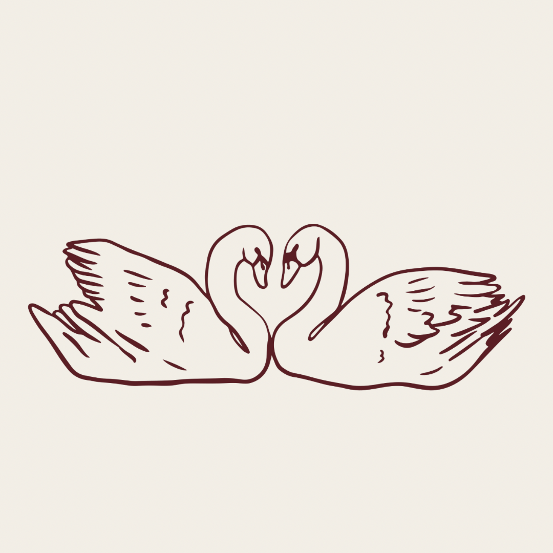 Simple line drawings of swans forming a heart shape.