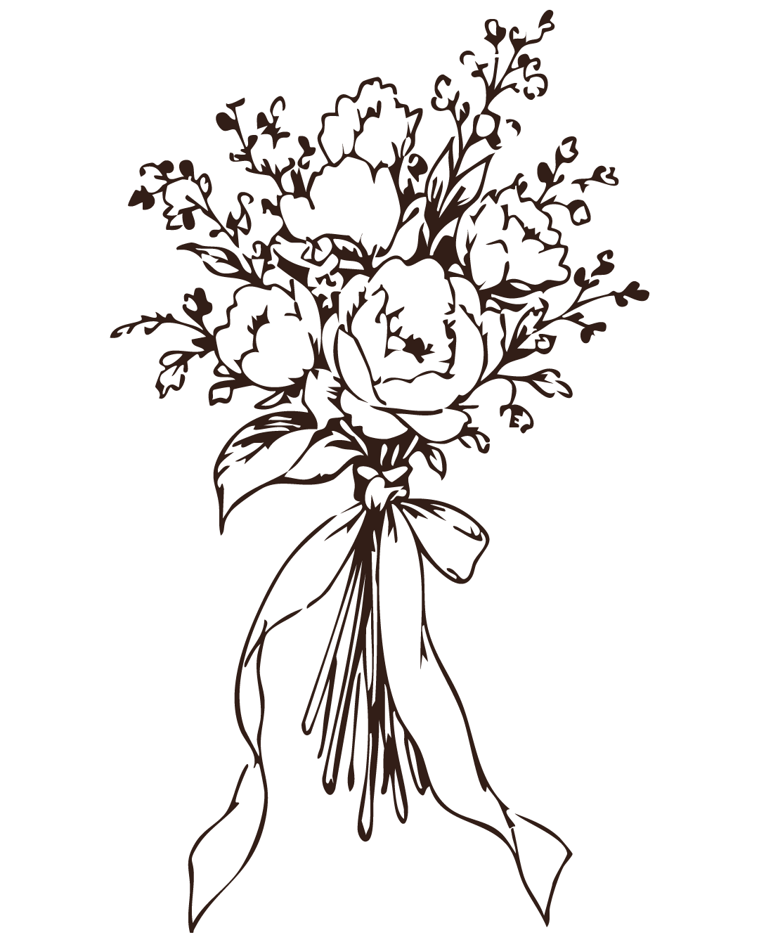 Black and white ink drawing of an elegant floral bouquet with peonies and wildflowers tied with a flowing ribbon bow.