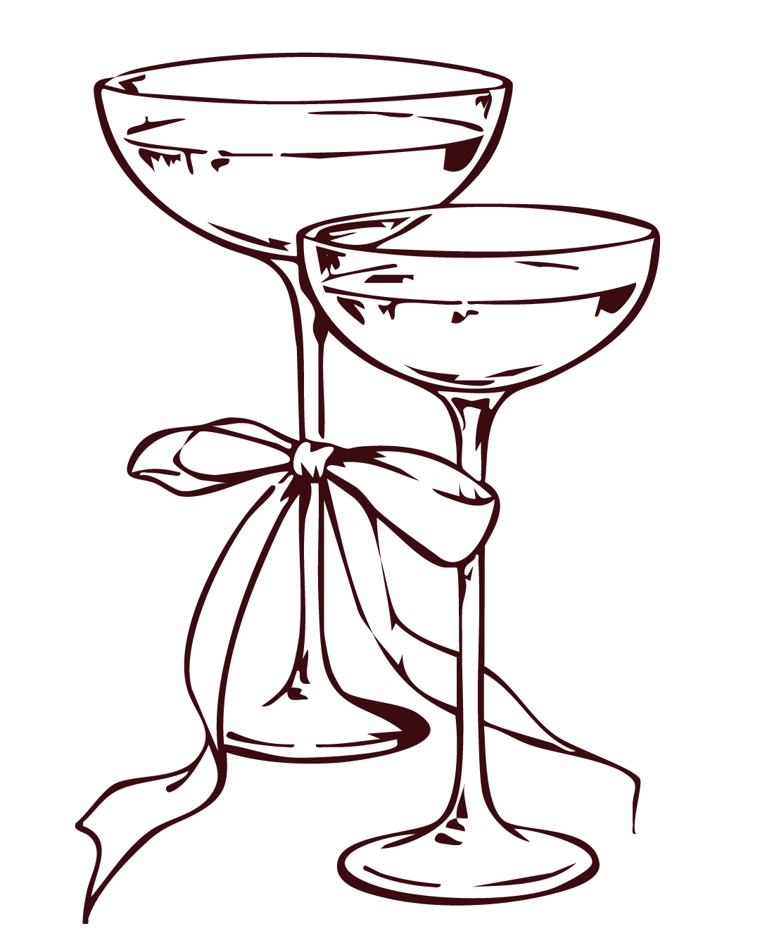 Elegant sketch of two champagne coupe glasses tied with a ribbon bow, perfect for weddings and celebrations.