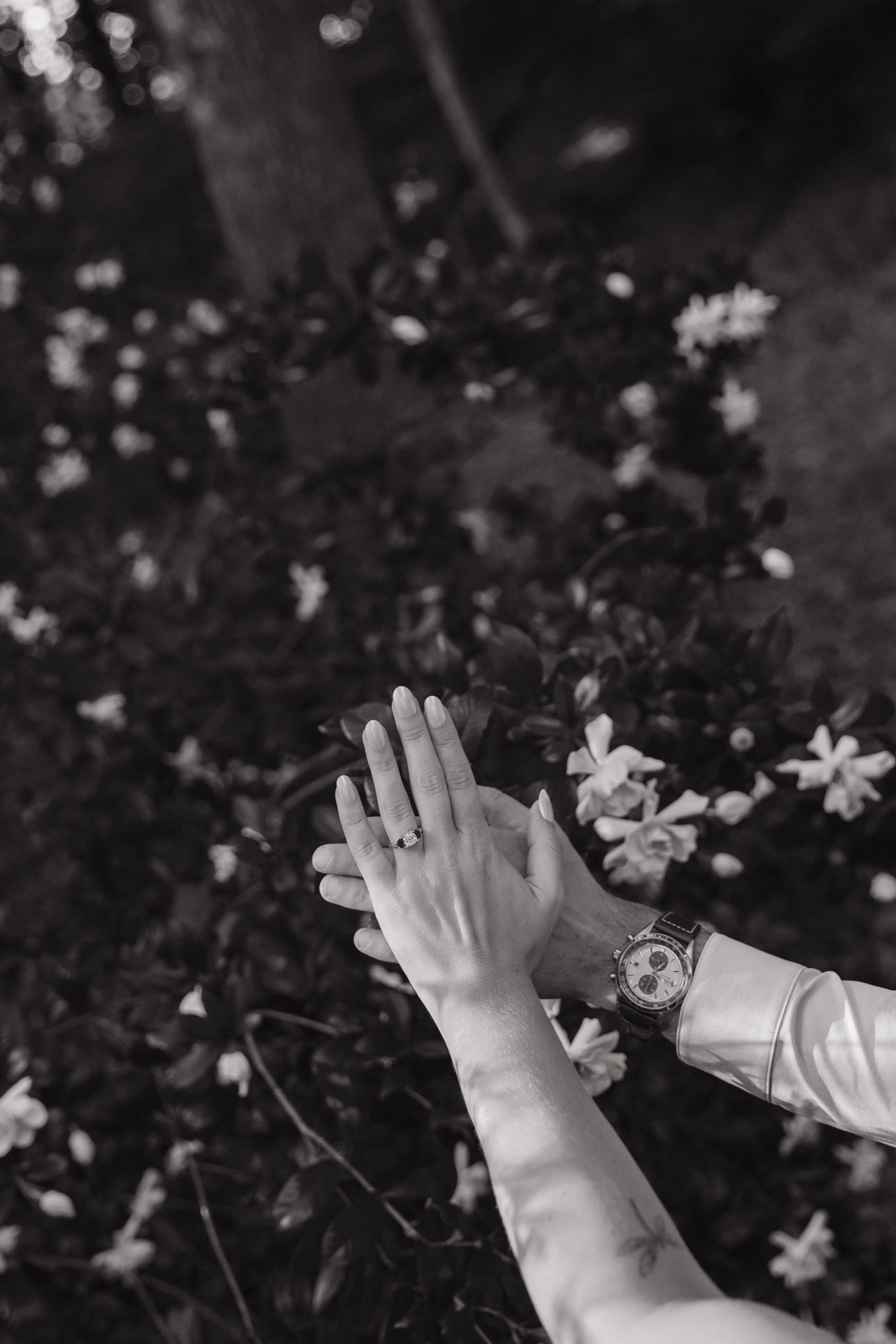 Black and white close-up of bride and groom hands showing engagement ring and luxury watch.