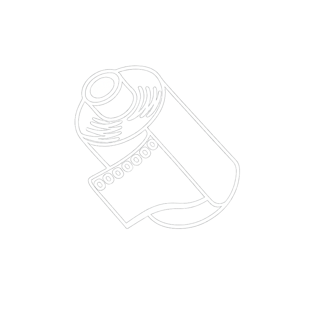 Minimalist outline illustration of a rolled film canister with exposed film strip on white background.
