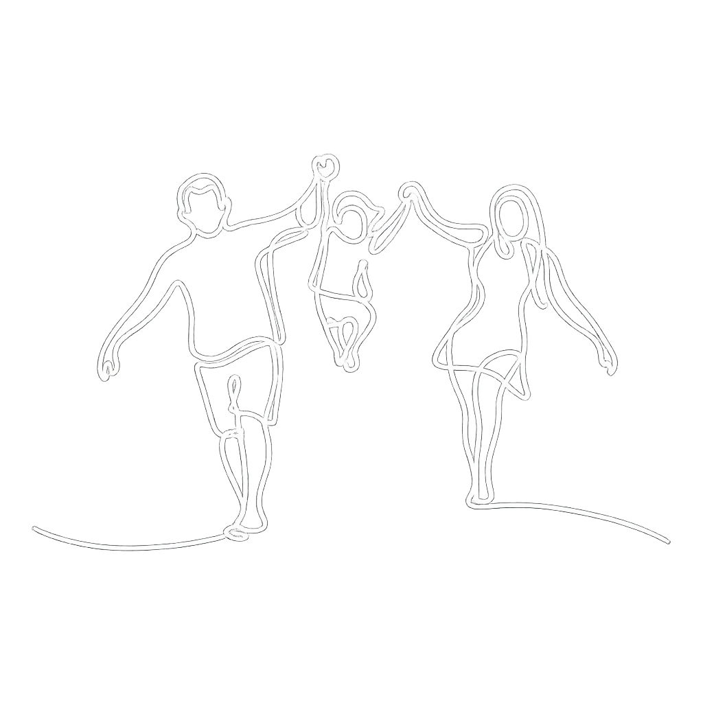 White continuous line art illustration of parents swinging their child between them while walking together.