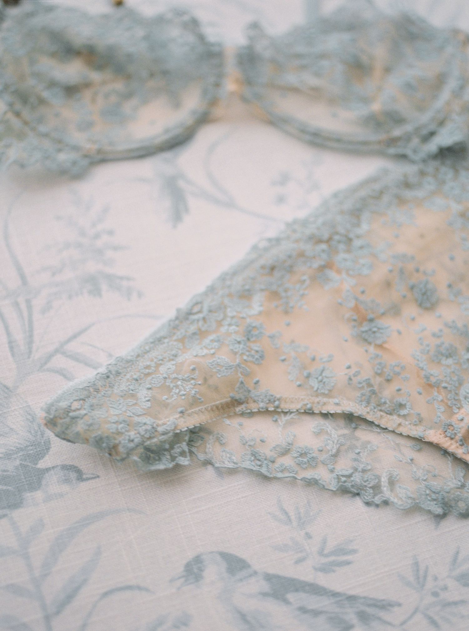 Delicate blue lace lingerie set with floral embroidery displayed on a soft floral background.