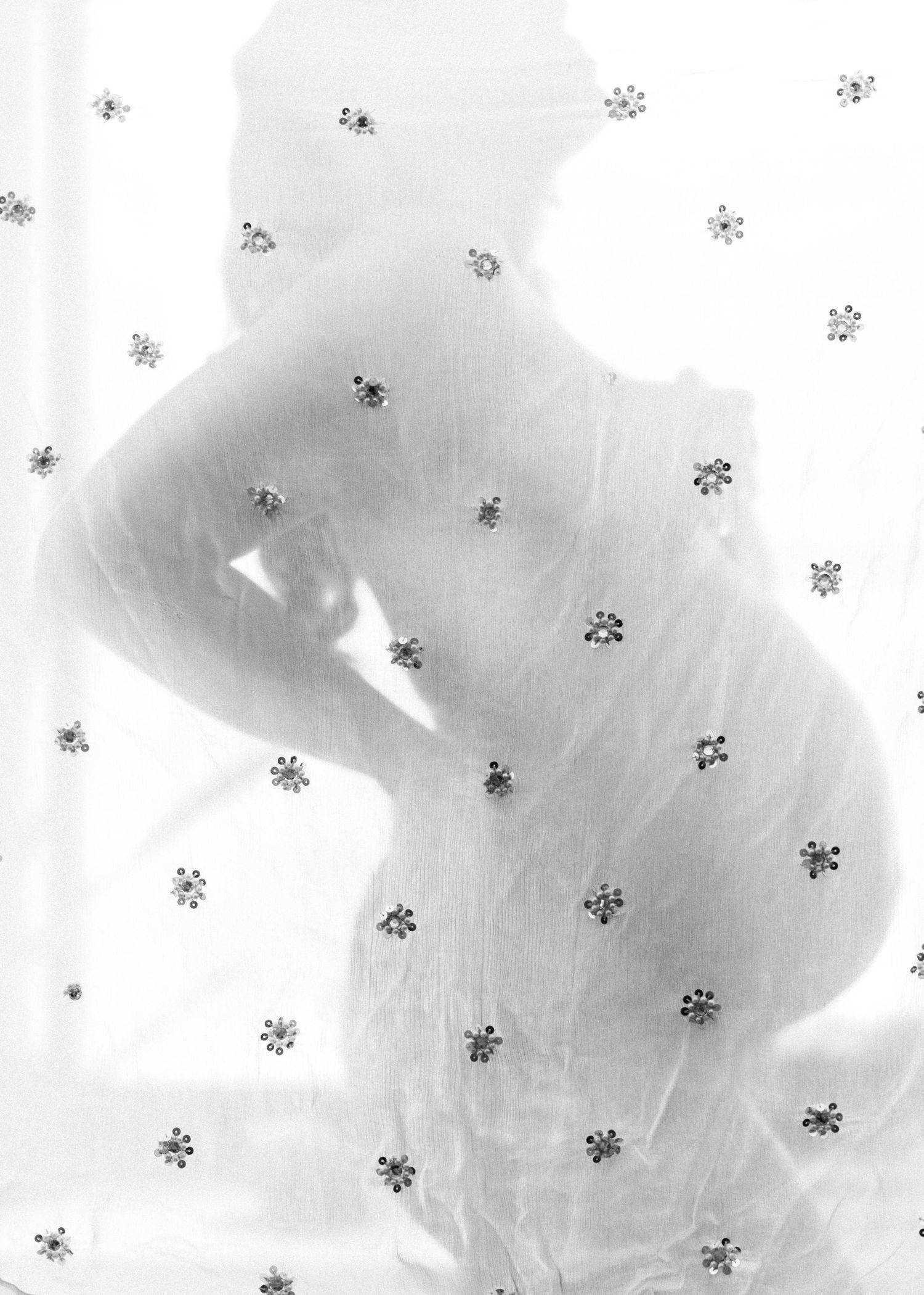 Black and white silhouette of a pregnant woman behind a sheer floral fabric, elegant maternity photography.