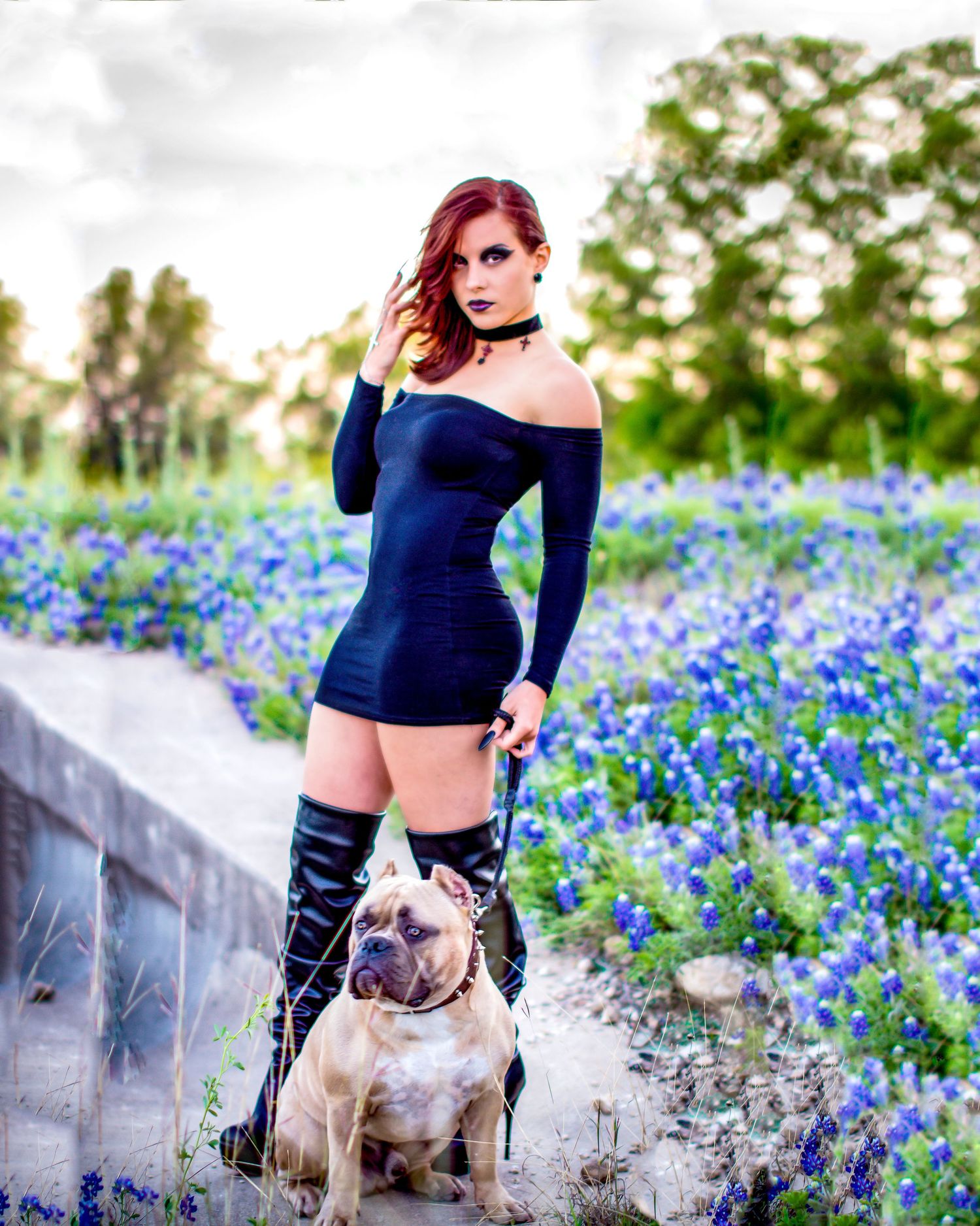 Woman in black mini dress and thigh-high boots holding a bulldog leash in a bluebonnet field.