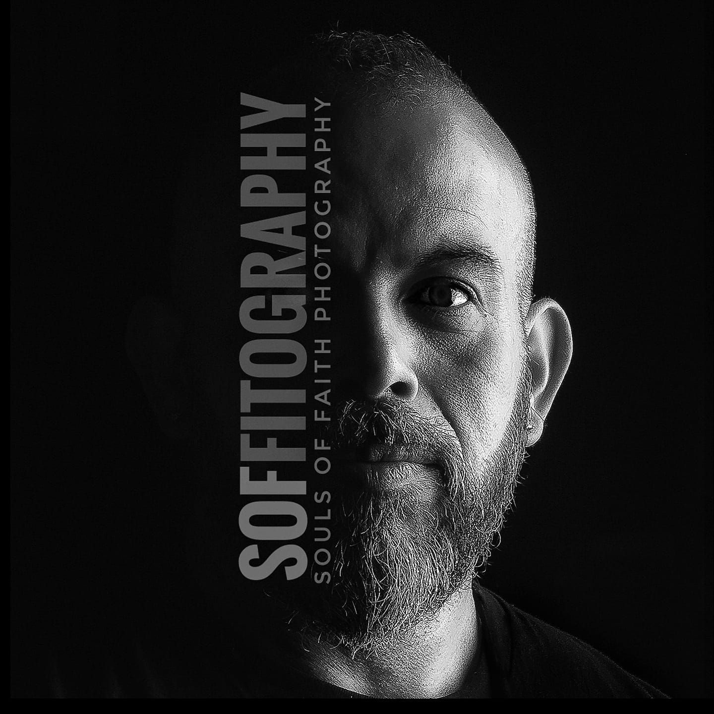 Black and white portrait of a bearded man with Soffitography Souls of Faith Photography logo overlay.