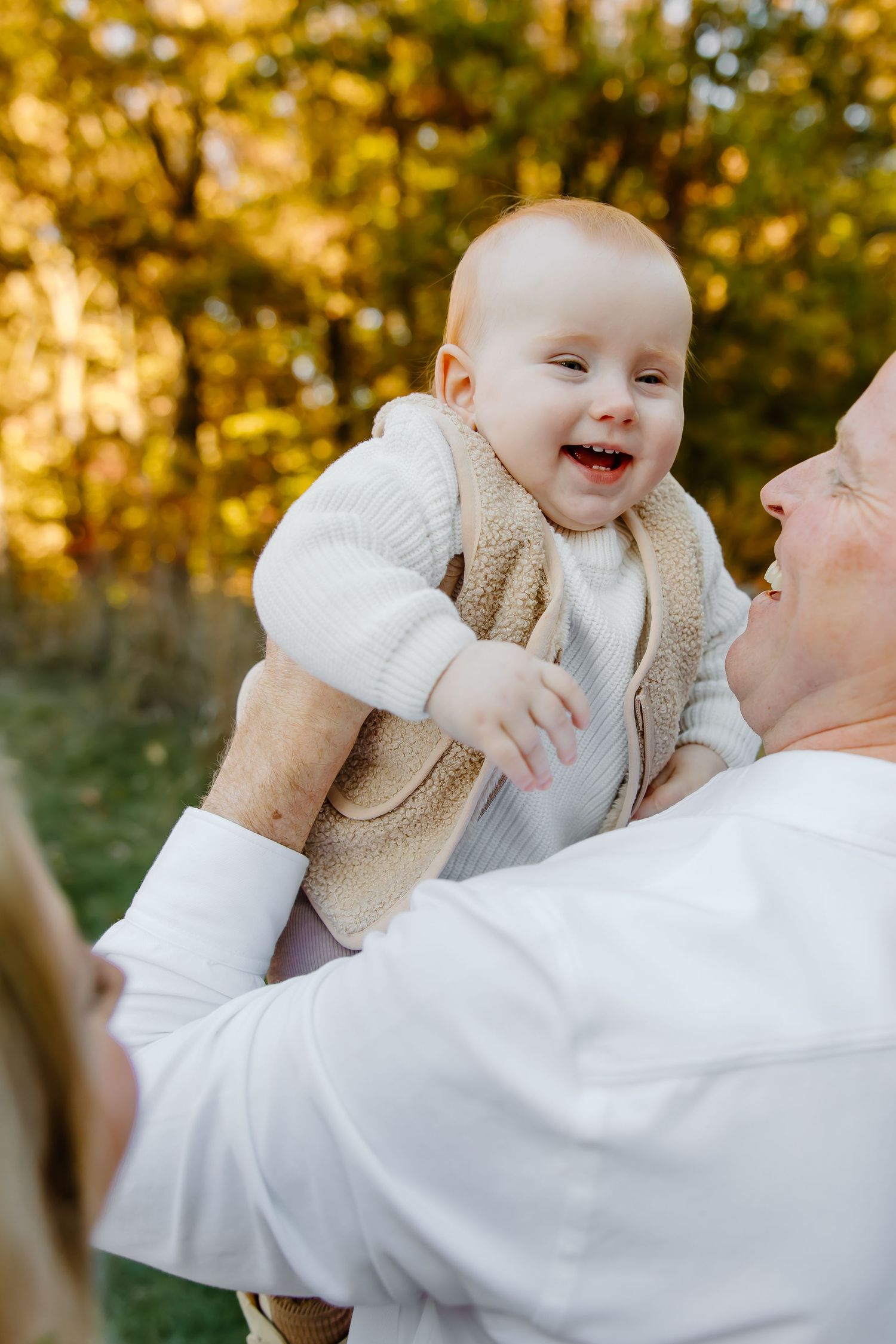 Baby being lifted in the air against backdrop of autumn trees.