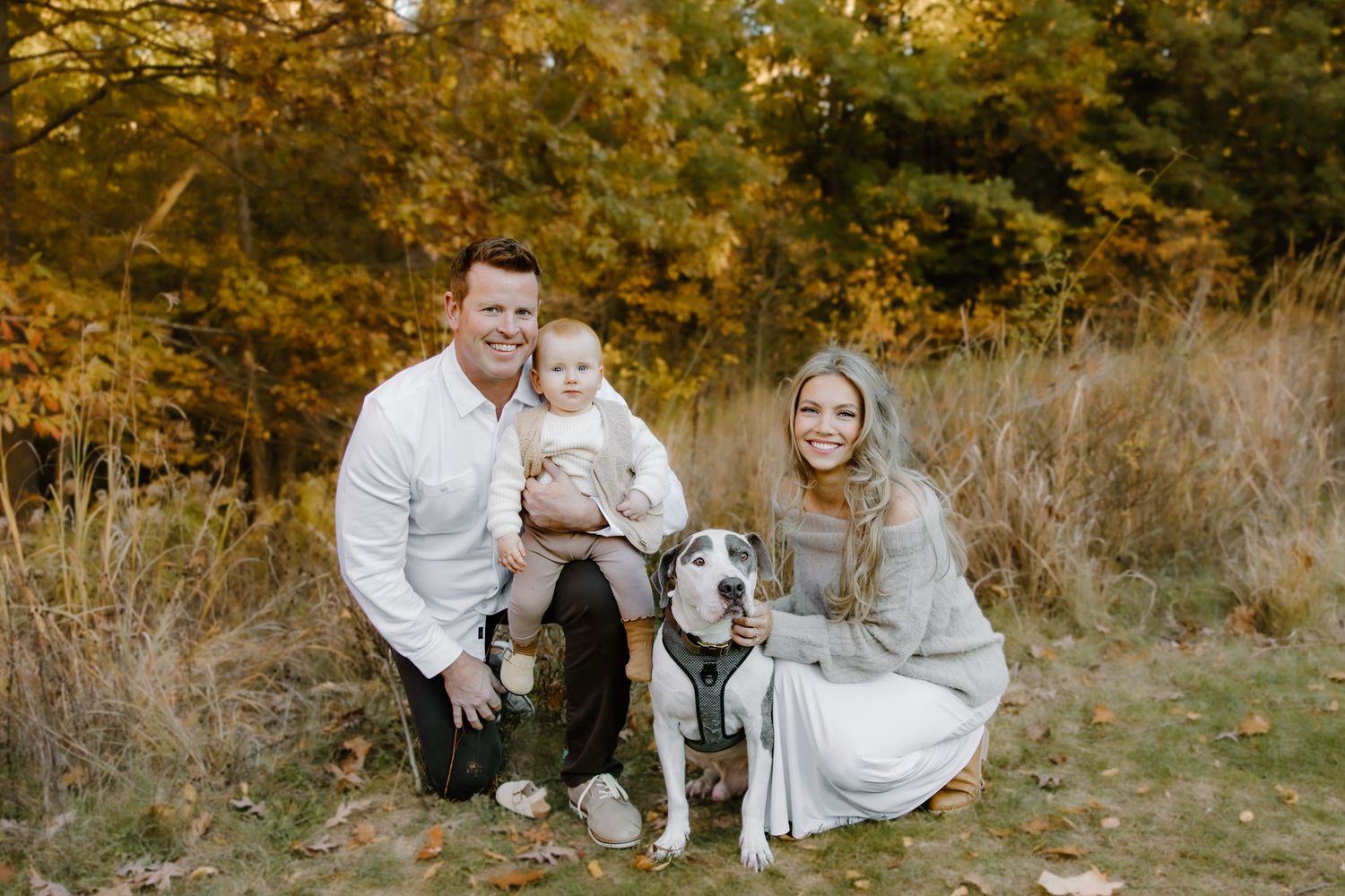 A family with their gray and white dog poses together in a fall field with golden foliage in the background.