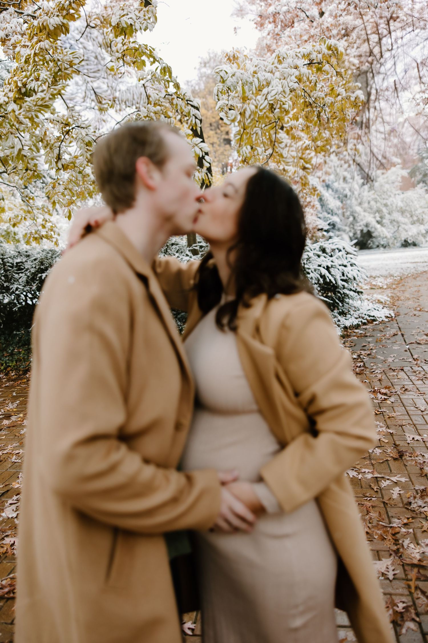 Intimate couple portraits in a snowy park setting with autumn leaves.