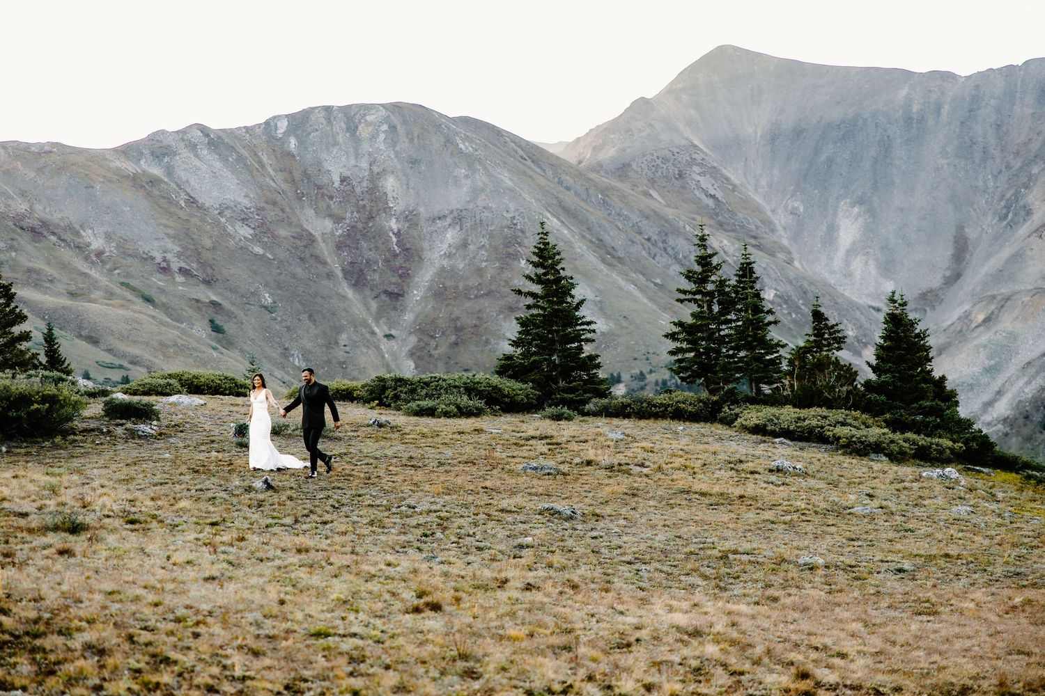 Wedding couple appears as small figures against vast mountain landscape with evergreen trees.