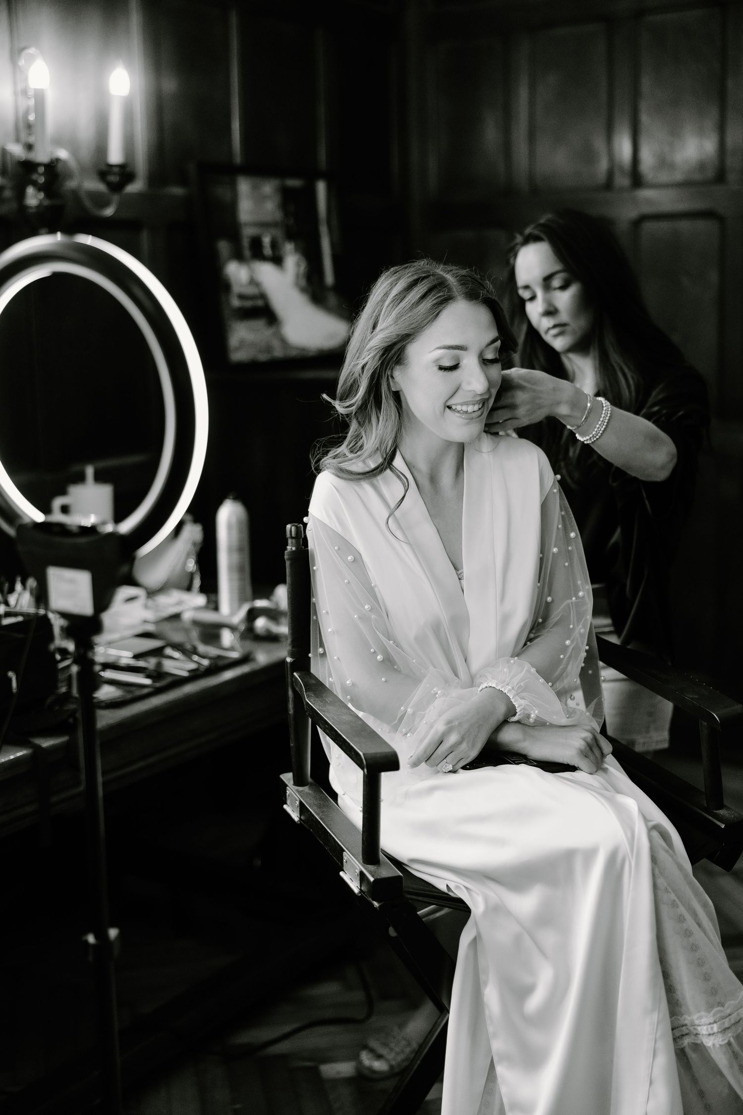 Black and white getting ready scenes with ring light reflections.