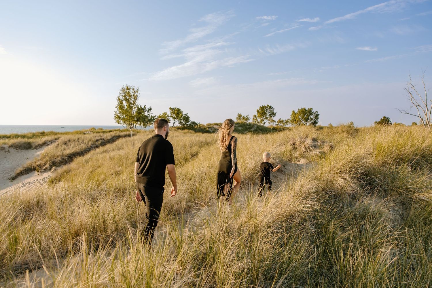 People walking through tall grass on coastal dunes during a sunny day.