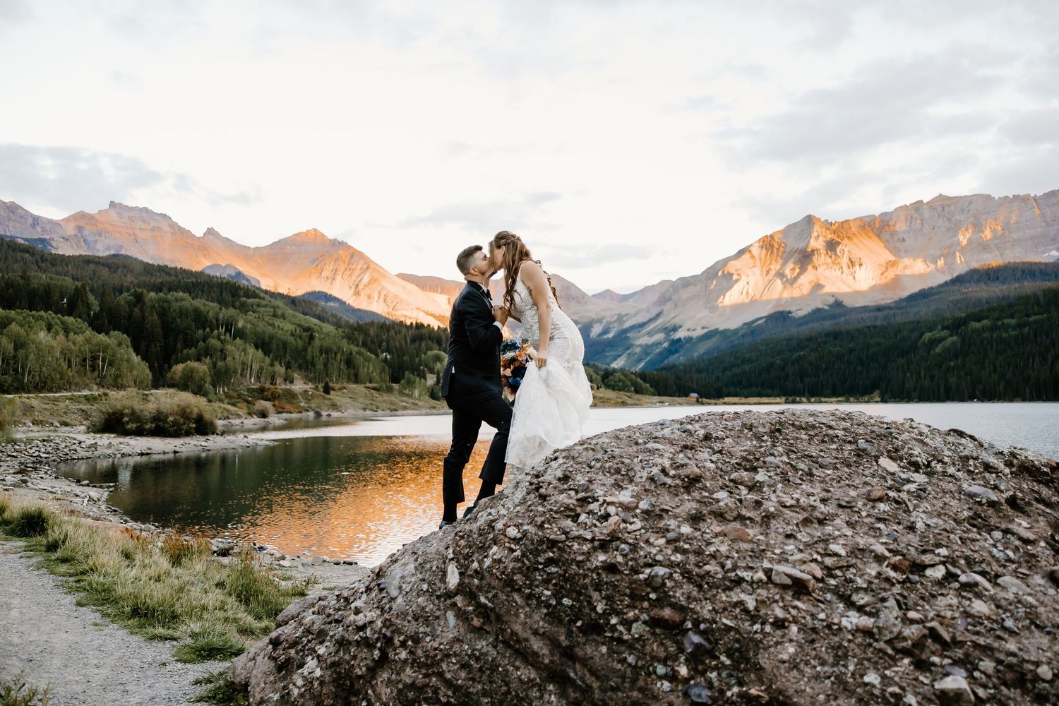 Wedding photography sequence with dramatic mountain backdrop and golden sunset light.
