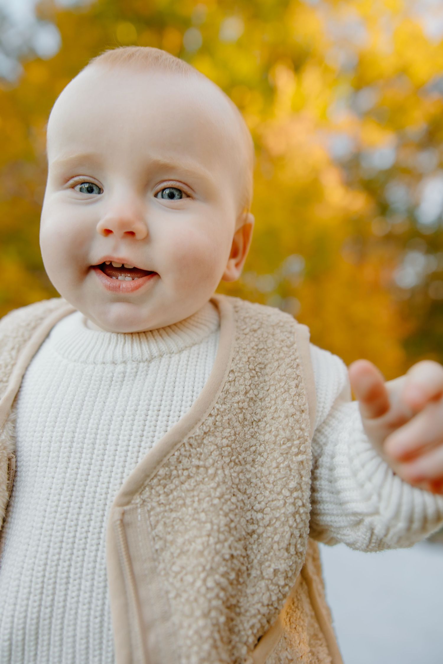 Baby wearing cream knit sweater and vest smiling against golden autumn background.