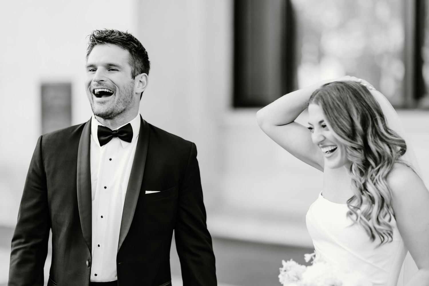 Black and white series of candid wedding moments showing natural expressions and joy.