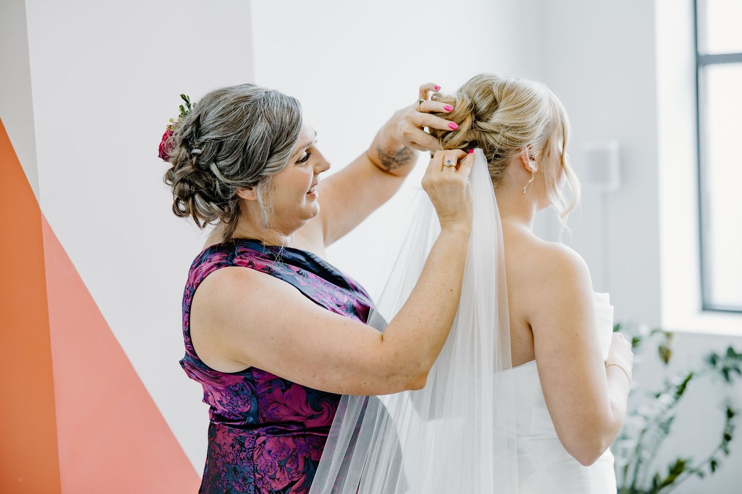 Close-up shots of wedding preparation details in bright indoor setting.