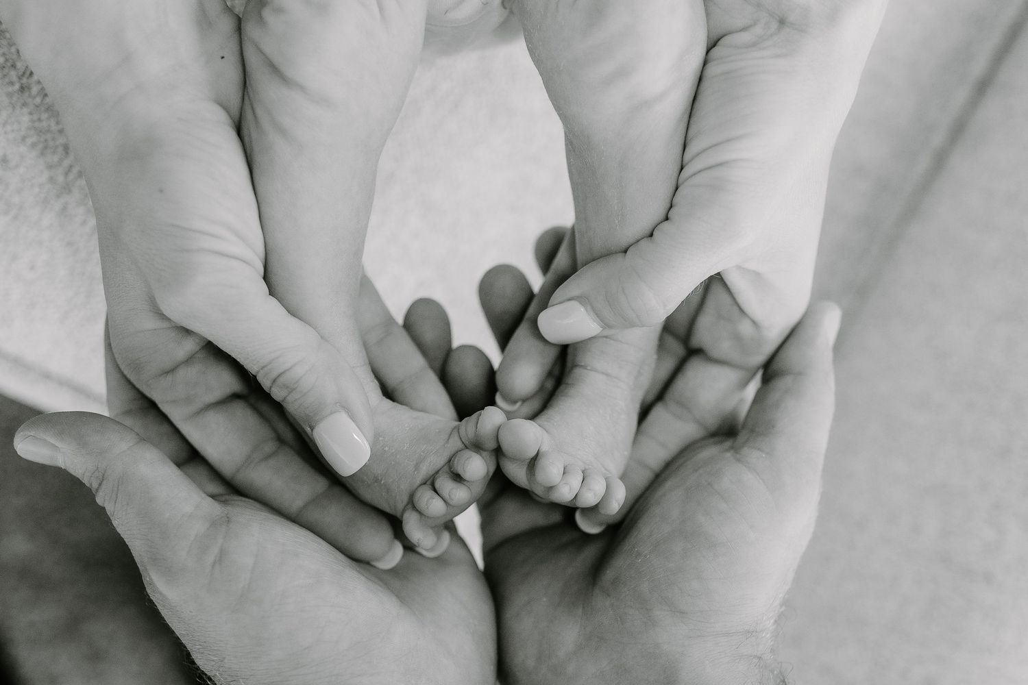 Black and white close up photograph of adult hands gently holding tiny baby feet.