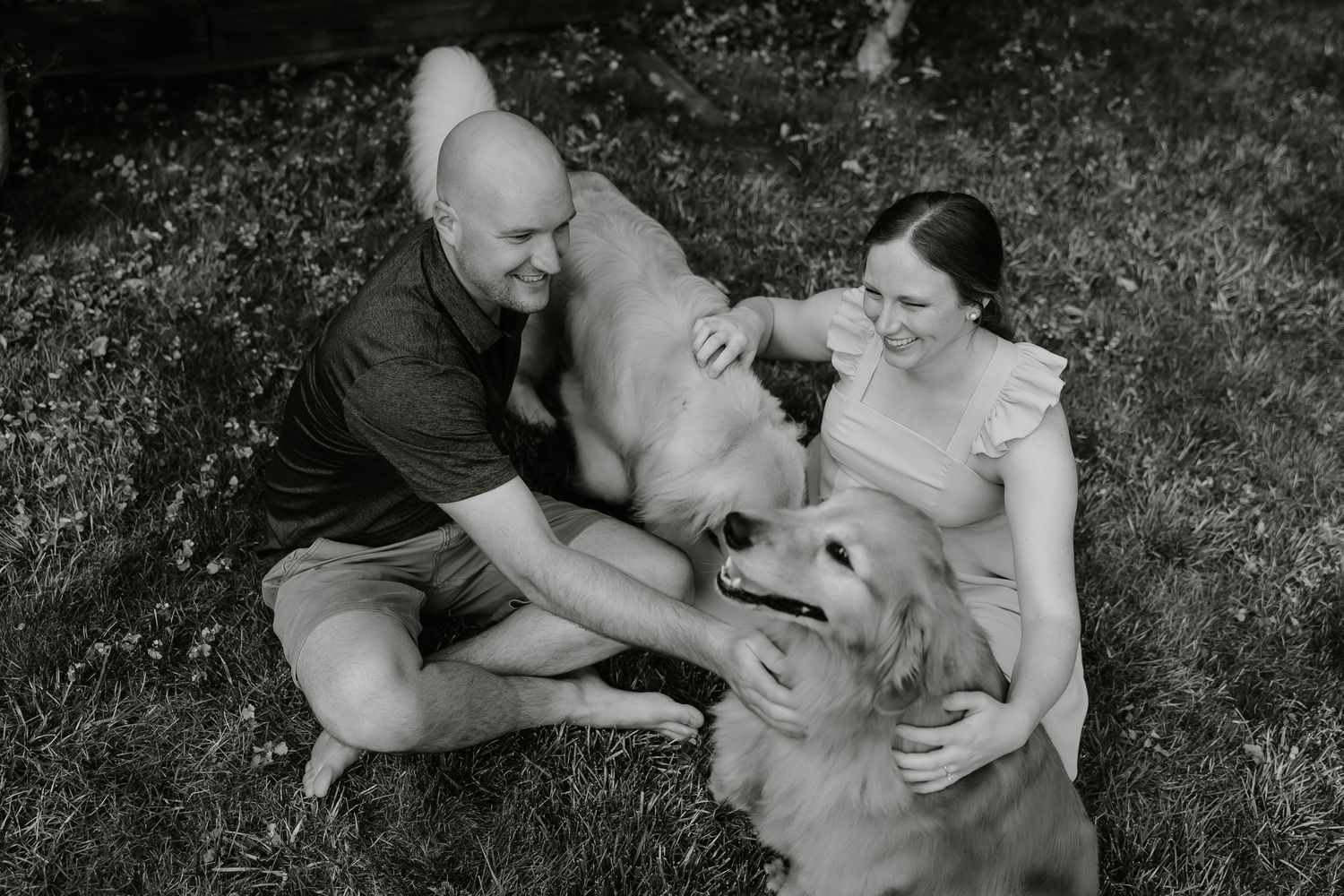 A sequence of black and white photos shows a playful interaction between a person and a dog on the grass.