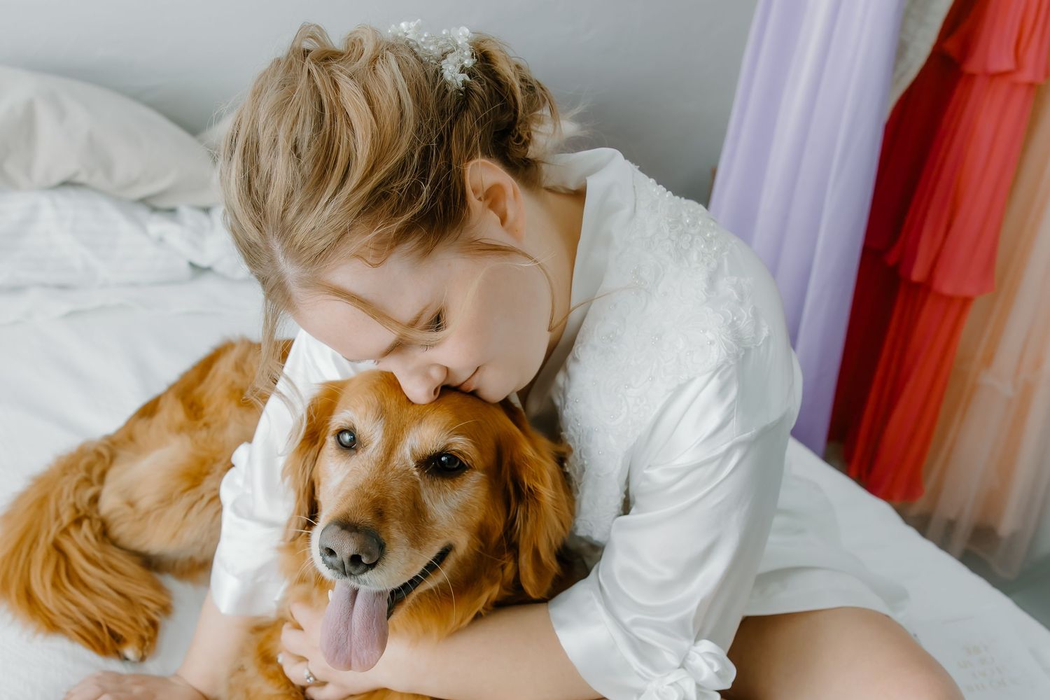Golden retriever dog cuddling on white bedding.
