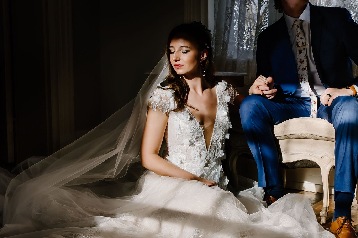 Artistic wedding photography series showing intimate moments and flowing dress details.