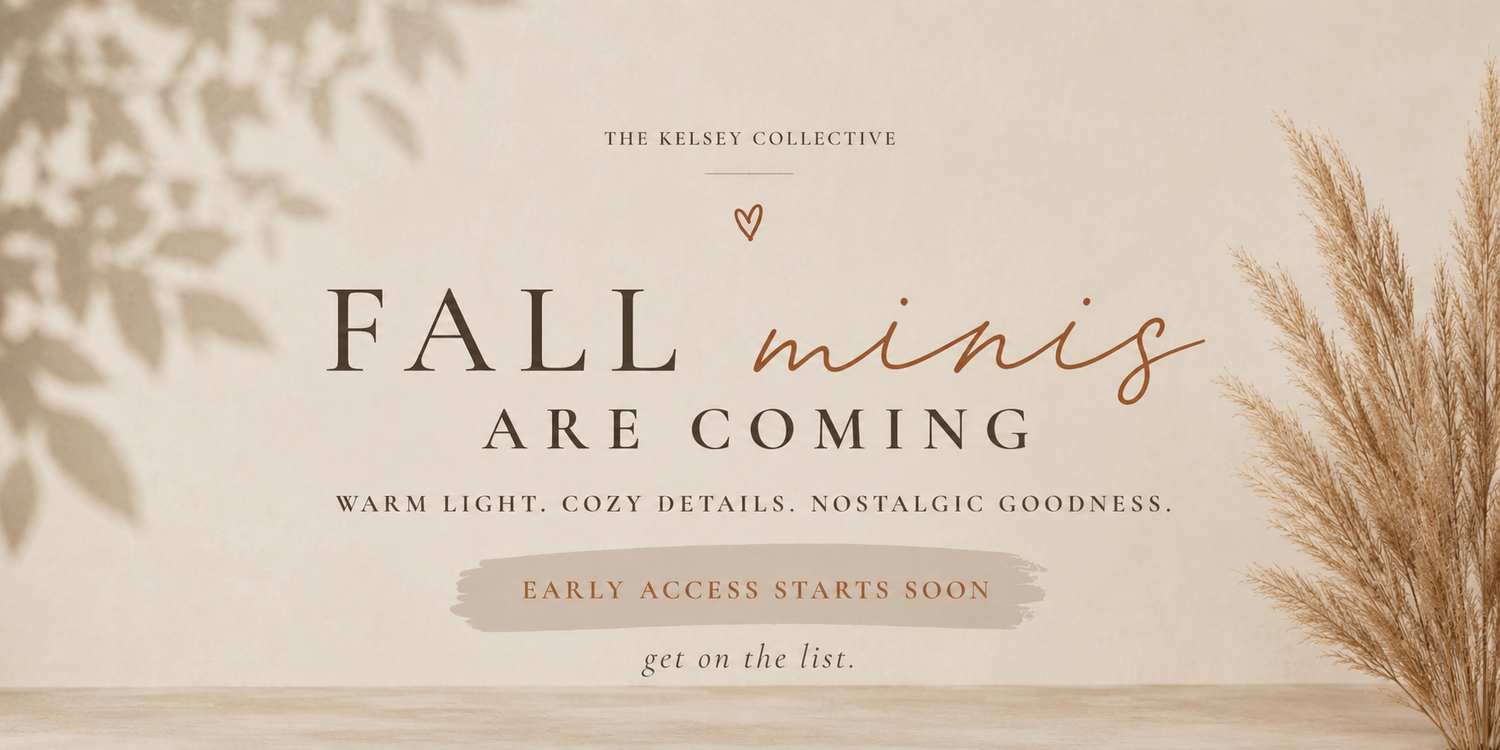 Elegant fall mini sessions announcement with warm beige tones, pampas grass, and shadow overlay for The Relaix Collective.