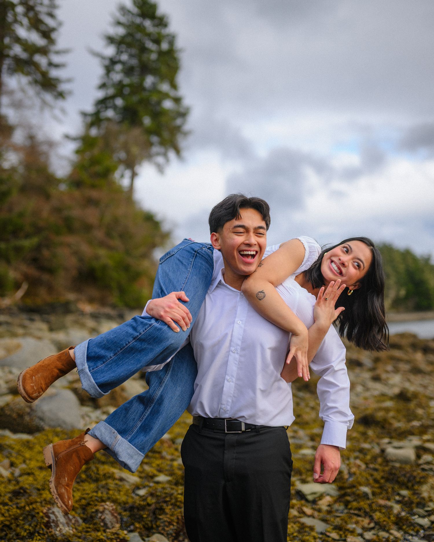 A playful photo sequence showing a couple laughing and embracing outdoors.