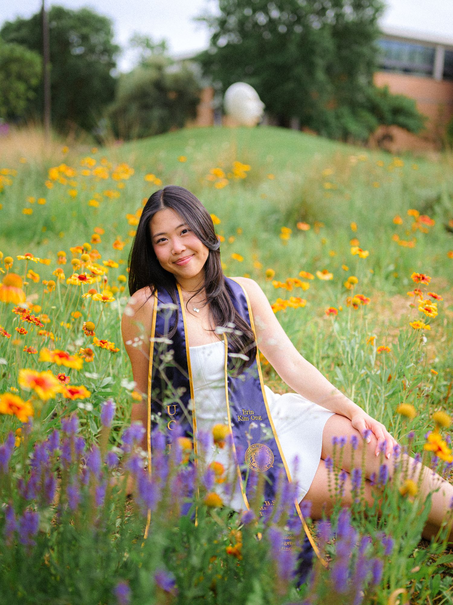 A photoshoot in a vibrant wildflower meadow with orange poppies and purple lupines in full bloom.