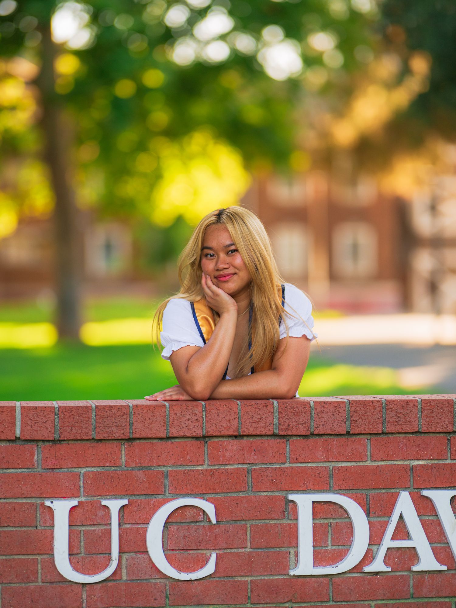 A person in white rests on a red brick wall in a sunny outdoor setting with green trees in the background.