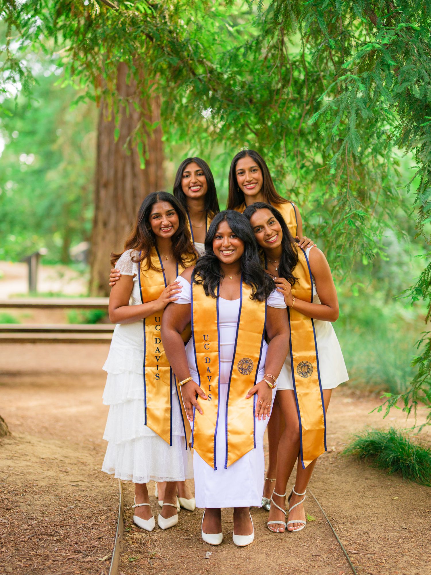 Graduates in white dresses and gold stoles pose together on a wooded path during a photo session.