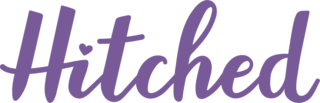 Purple cursive text spelling out 'Hitched' with a small heart design in a romantic wedding-themed logo.
