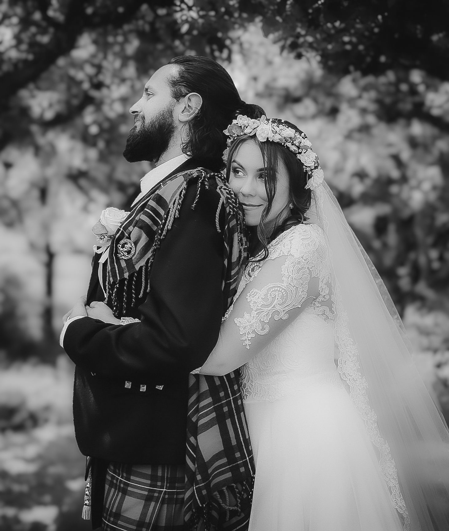 A romantic black and white wedding photograph series showing tender moments between a couple in traditional attire.