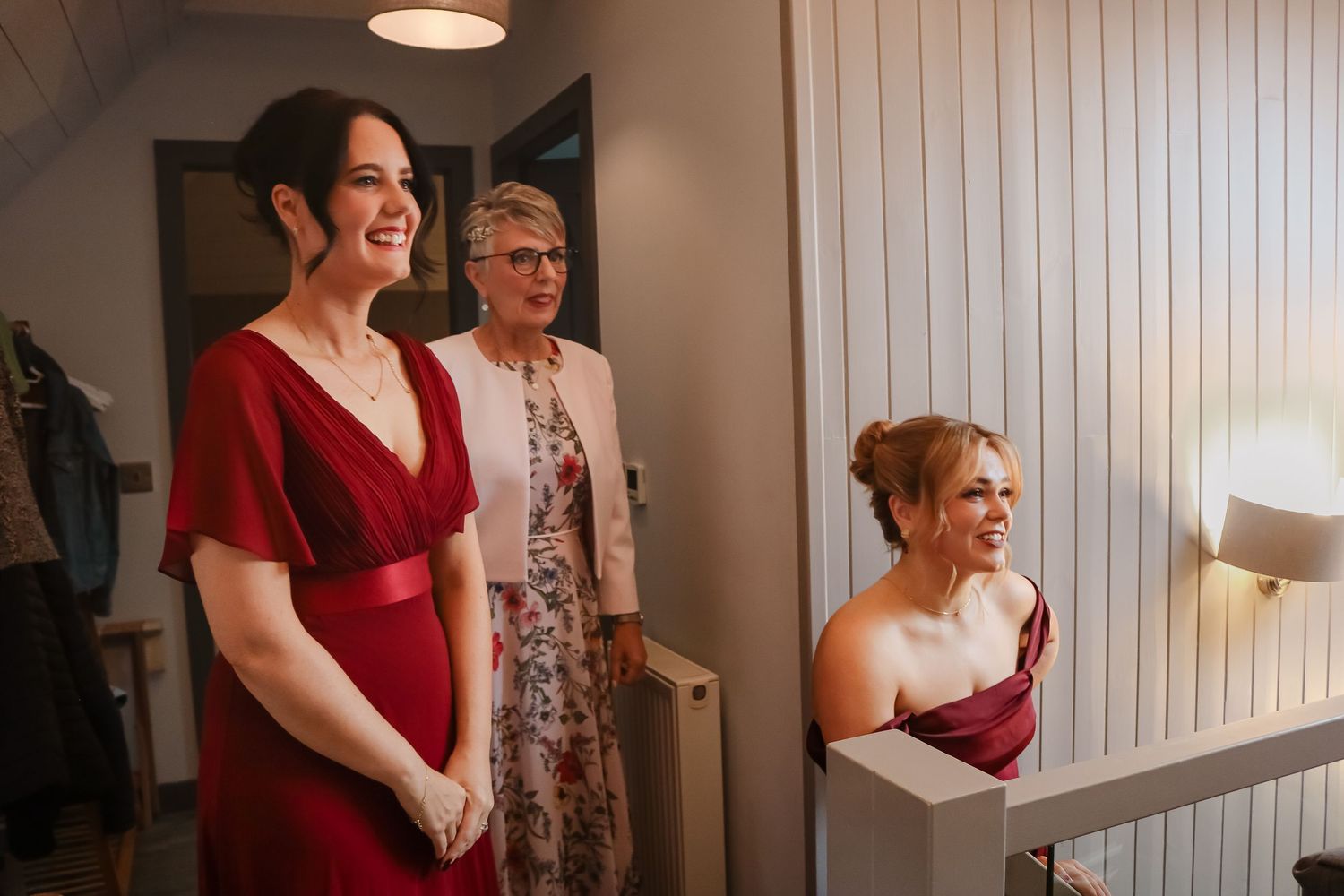 A woman in a red dress interacts with various objects in a home setting through a series of connected photographs.