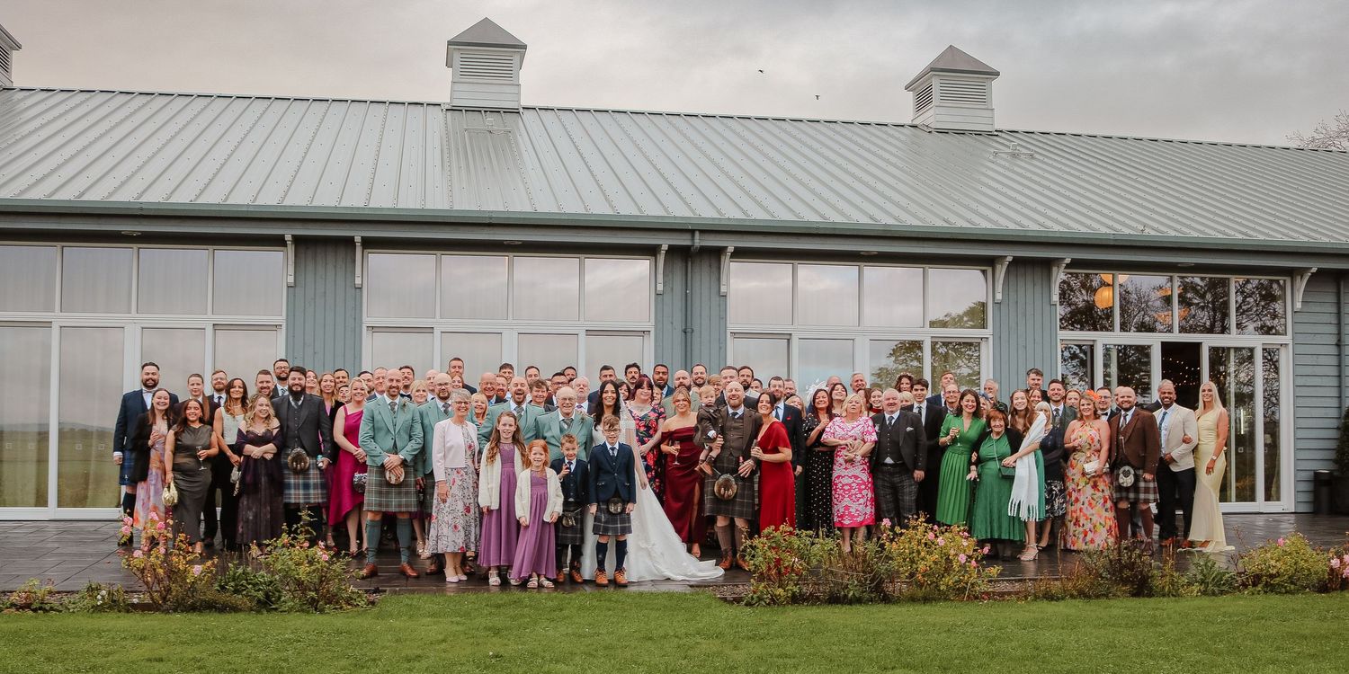 A panoramic collage of an outdoor wedding ceremony and reception at a rustic barn venue under cloudy skies.