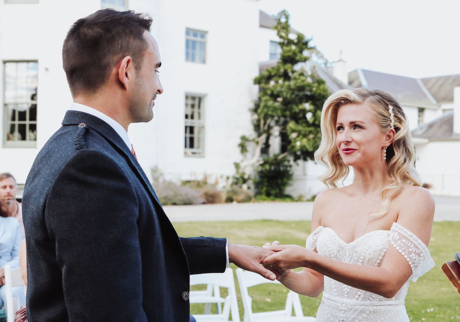 A photographic series showing joyful moments from an outdoor wedding reception in a sunny garden setting.