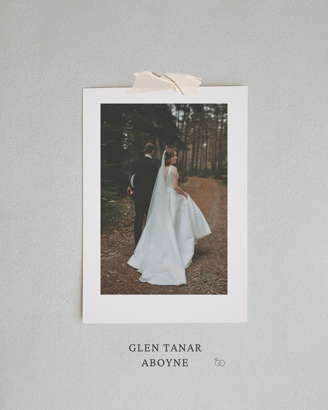 A minimalist wedding photography layout featuring white dress photos and text 'Glen Tanak Aboyne' against a gray background.