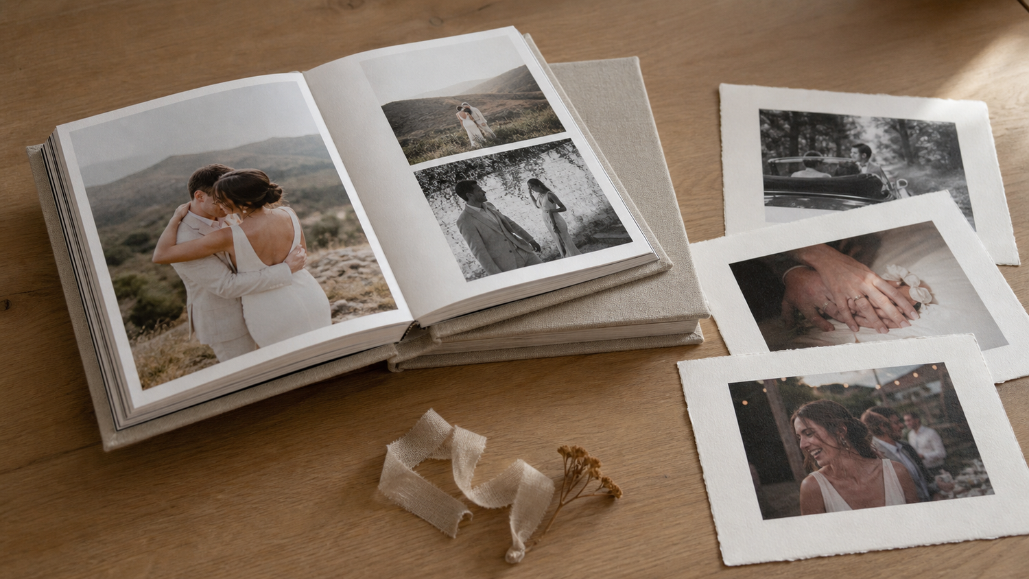 Open wedding photo album with black and white prints on wooden table, surrounded by loose photographs and dried flowers.