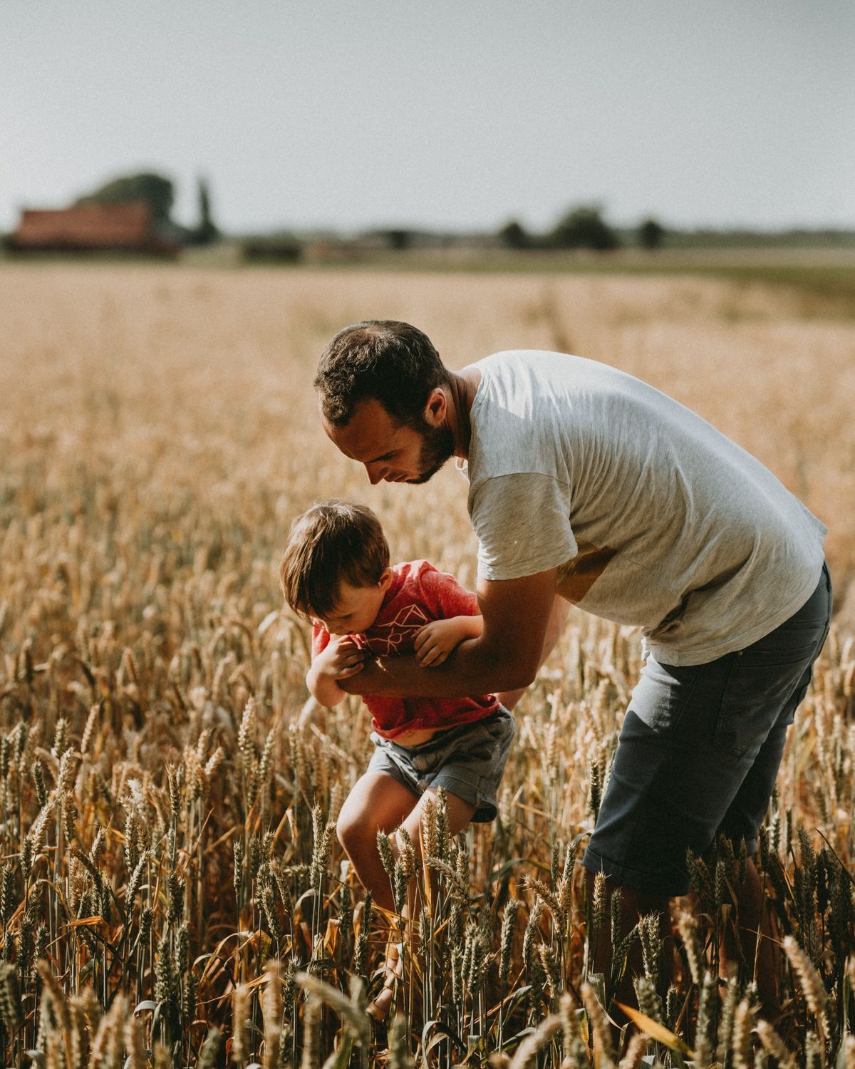 Two people exploring a golden wheat field during harvest season.