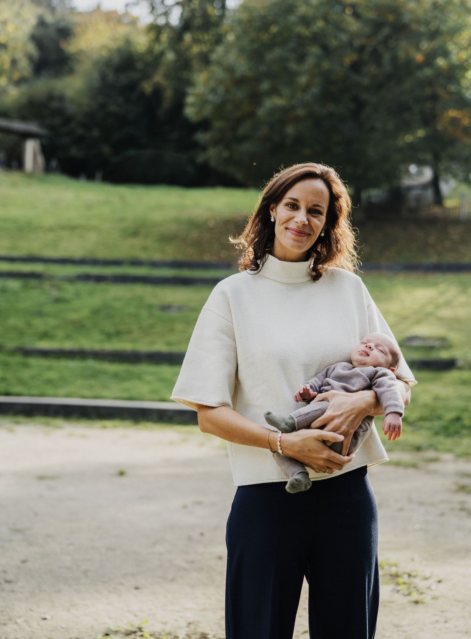 Series of casual outdoor portraits in a park setting with natural lighting.