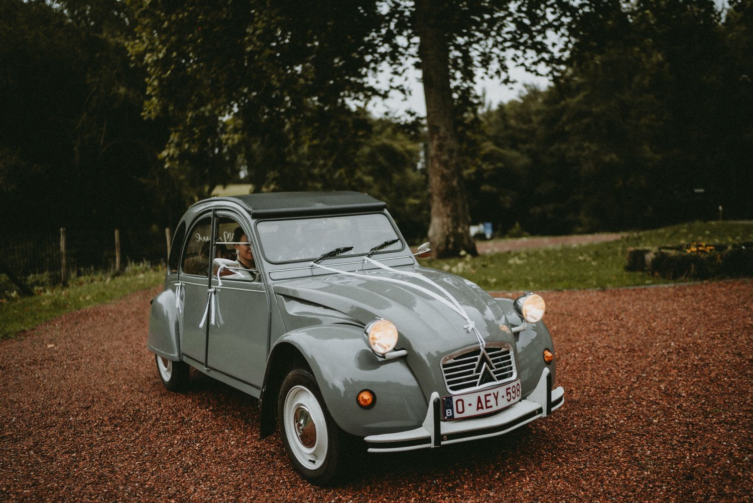 Vintage grey classic car parked among autumn leaves.