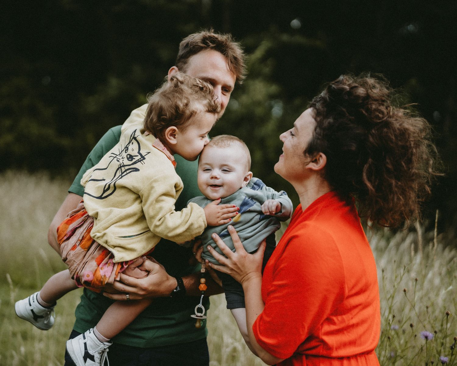 A series of candid family moments captured outdoors with natural lighting and joyful expressions.