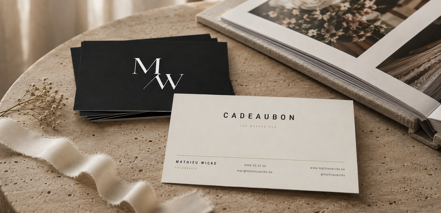 Elegant black and white business cards and a gift voucher displayed on a marble table with ribbon.