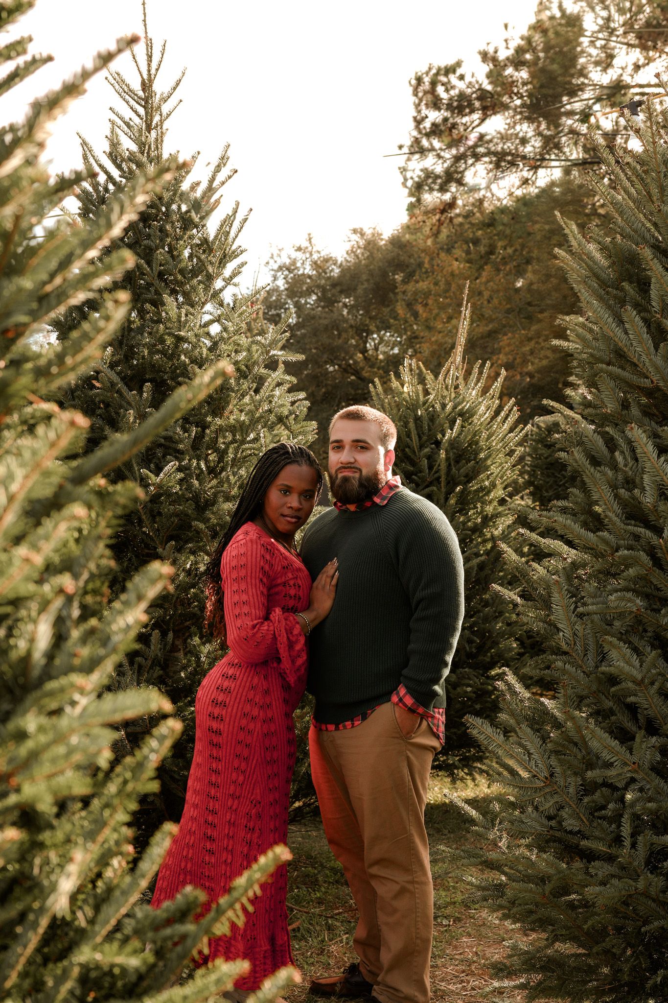 A romantic couple poses among evergreen trees at a Christmas tree farm, with one wearing a festive red sweater.