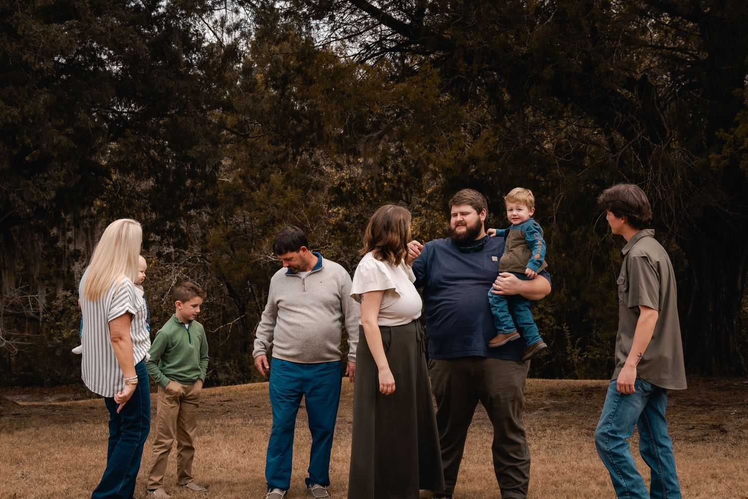Candid group photos taken outdoors at dusk with natural lighting.