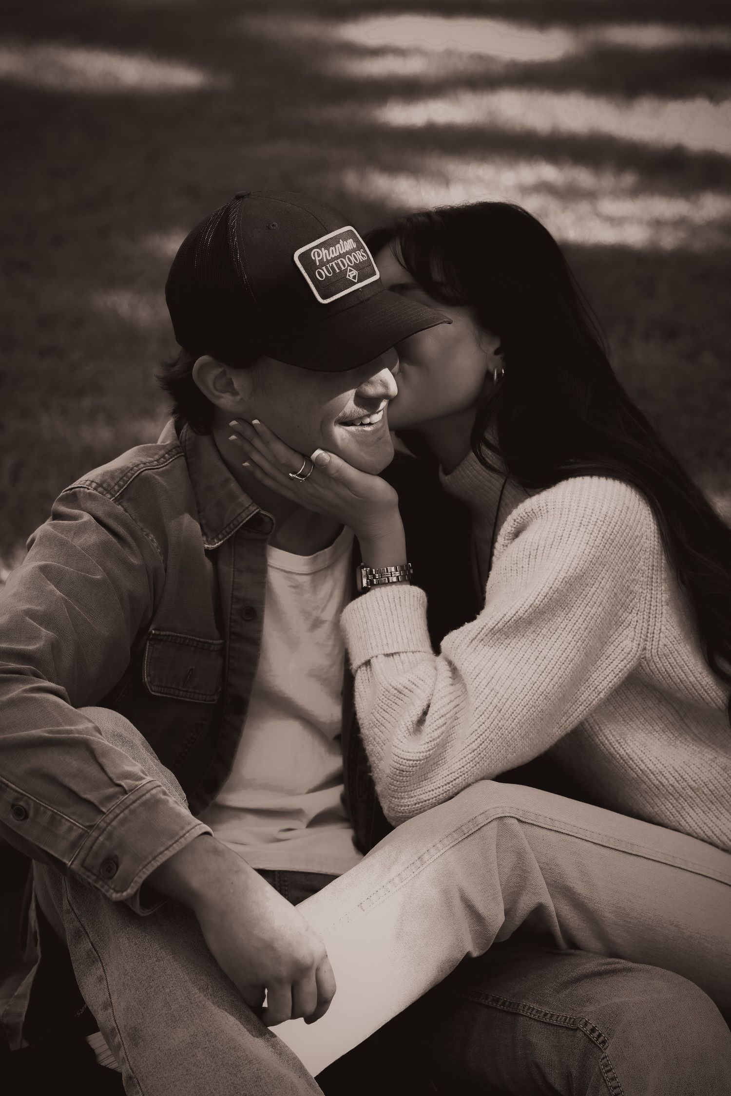 Intimate black and white photo sequence showing couple sharing tender moments.