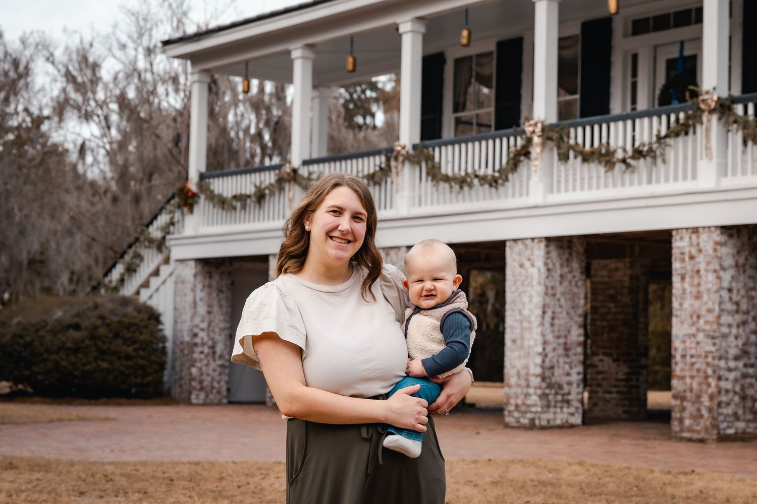 Historic white plantation house with classic columns and wraparound porch photographed from different angles.
