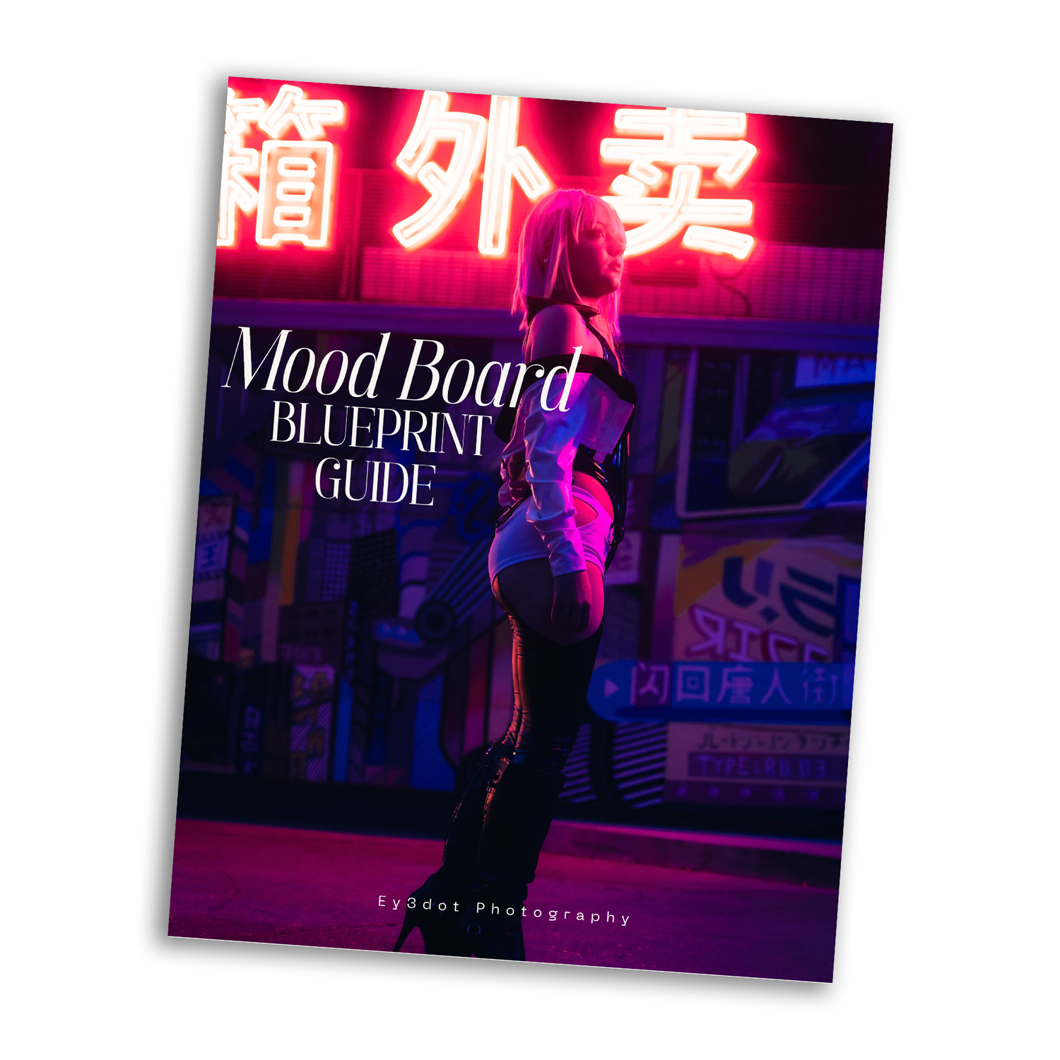 Mood Board Blueprint Guide book cover featuring a woman in neon-lit urban setting with Chinese signage.