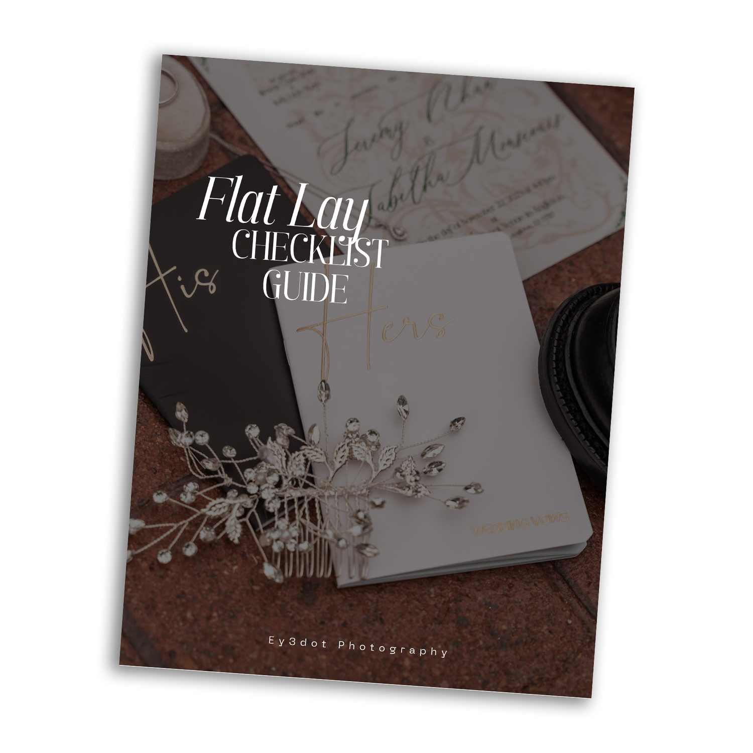 Flat Lay Checklist Guide booklet with elegant wedding hair comb and invitation cards on dark background.