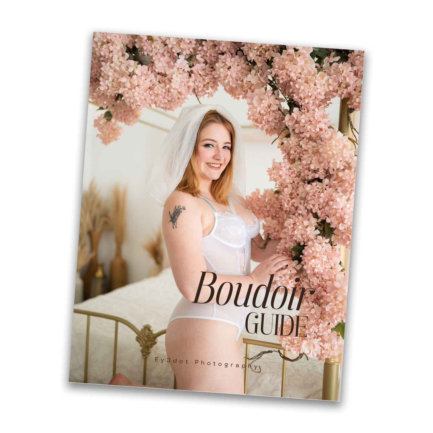 Boudoir photography guide book cover featuring a smiling bride in white lingerie surrounded by pink floral blooms.